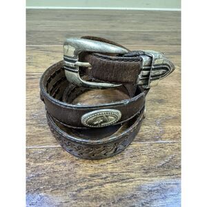Genuine Leather Concho Belt Dark Brown Silver Patina, Sz 40